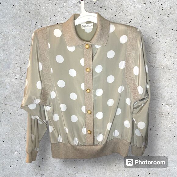 Philippe Marques Womens Polkadot Blouse Button Up Shoulder Pad 80s VTG Work Wear - Picture 1 of 8